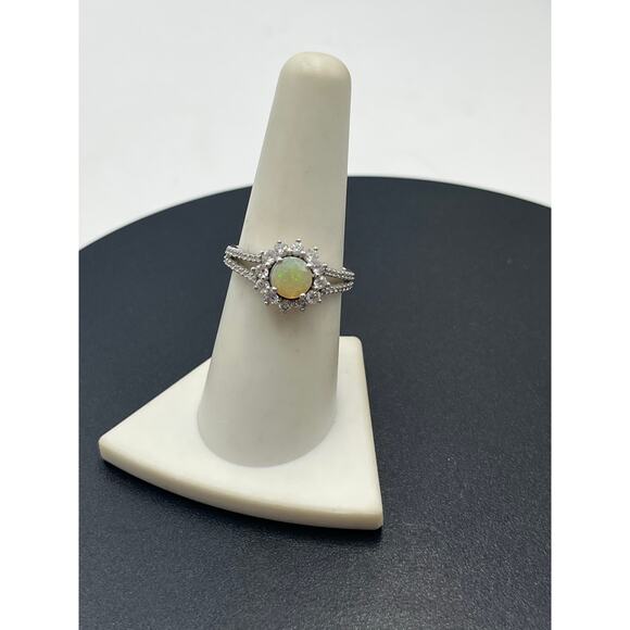 Sterling Silver Natural Opal Vibrant Colors Fire Halo CZ Split-shank Ring 7.5 - Picture 7 of 11